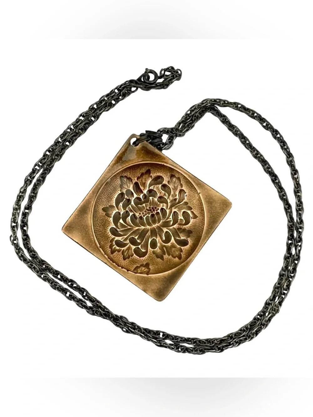 Vintage Mid-Century Enamel On Copper Floral Pendant With Chain